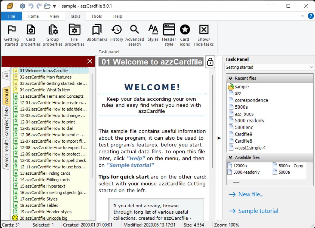 Sample file "manual" group has user guide cards. <br/> Open files from "Getting started" panel. Select panels from "Tasks" ribbon.